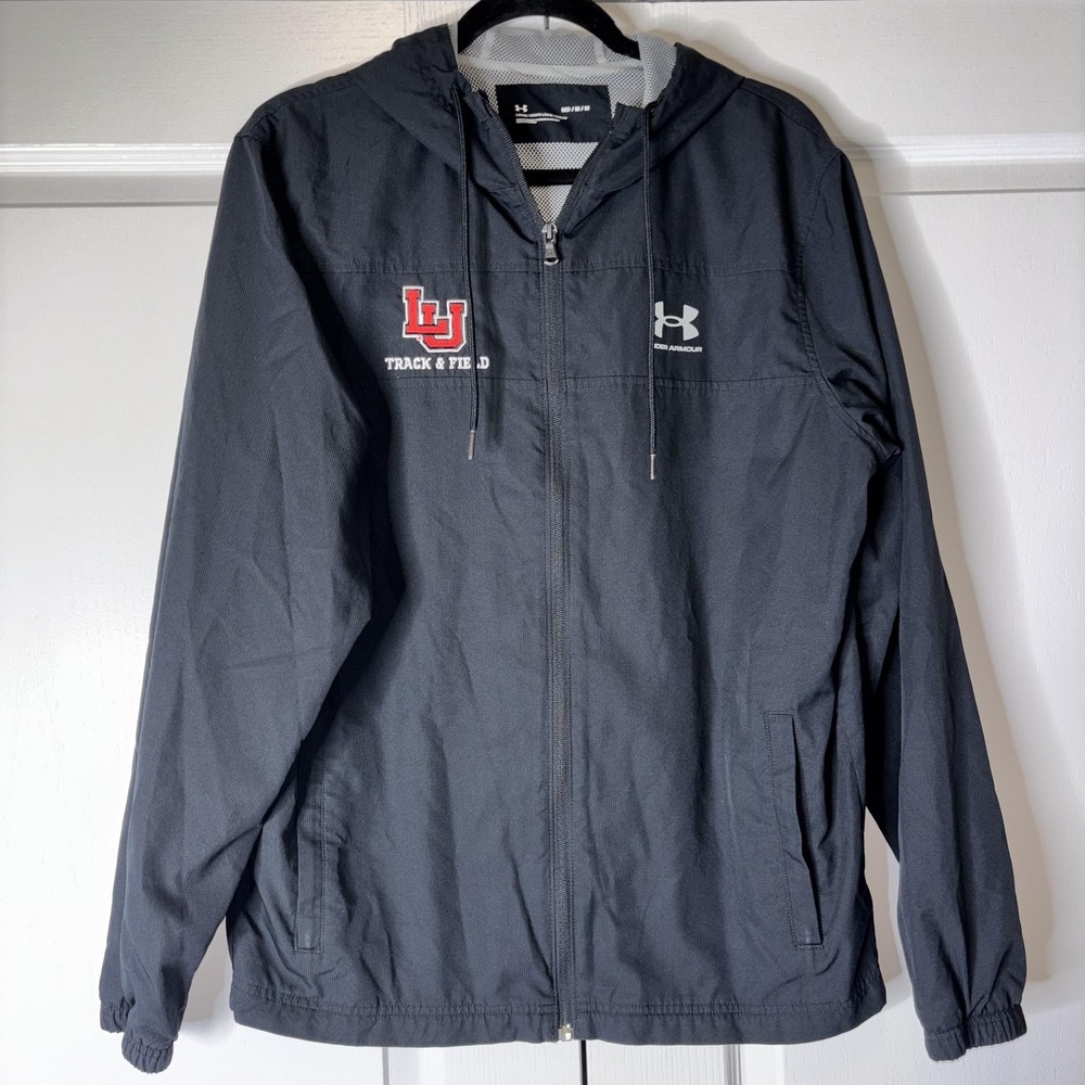 Under Armour Windbreaker Jacket Mens Medium Gray Hooded Zip LU Track Field